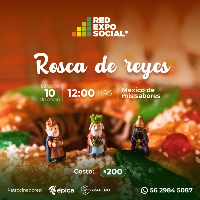 Los tres reyes magos están frente a una rosca de reyes. La Rosca de Reyes de Red ExpoSocial se puede ver como texto de la imagen.