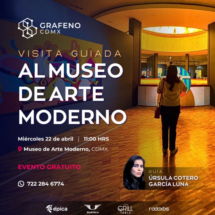 Mujer recorriendo los pasillos del Museo de Arte Moderno de la CDMX. Como título se lee: Visita guiada al museo de arte moderno.